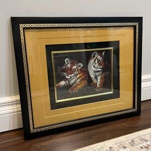 Framed Black and Gold Baby Twin Tigers Cubs Print - Ornate Multi-Layered Matting